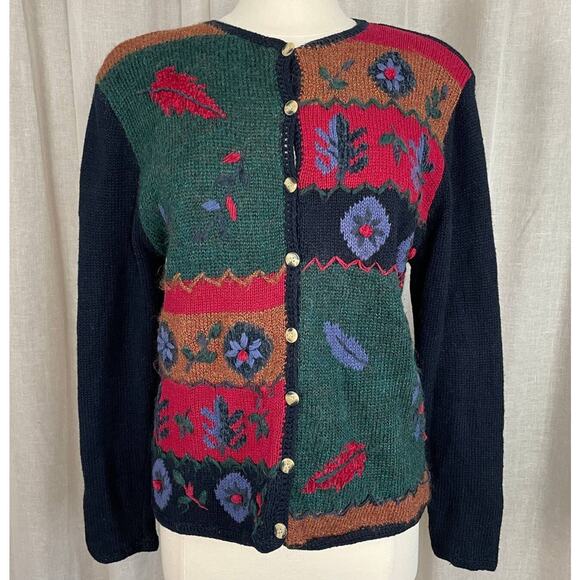 Vintage Cardigan Sweater Womens Size Small Floral Embroidered Navy Green Mohair - Picture 1 of 12